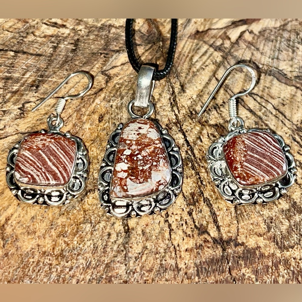 Dainty Snakeskin Jasper Pendant & Earrings
